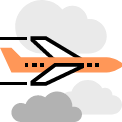 Orange plane flying through clouds 